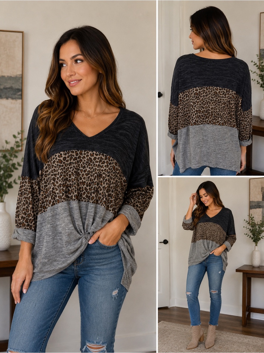 Umgee Leopard Colorblock Knot Front Top – Women’s Medium